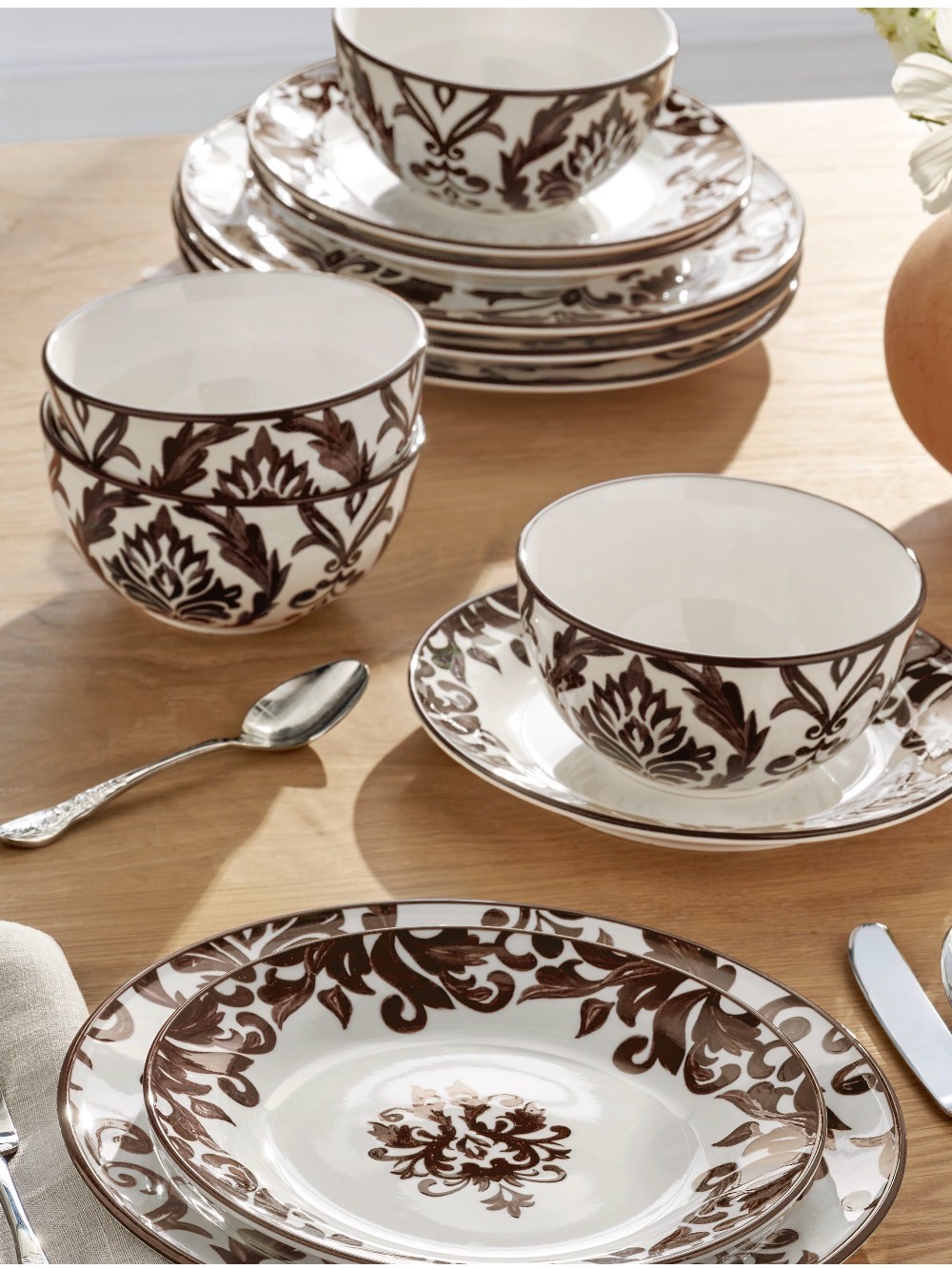 The Pioneer Woman Audrey  Brown and White Floral Dinnerware Set of 12